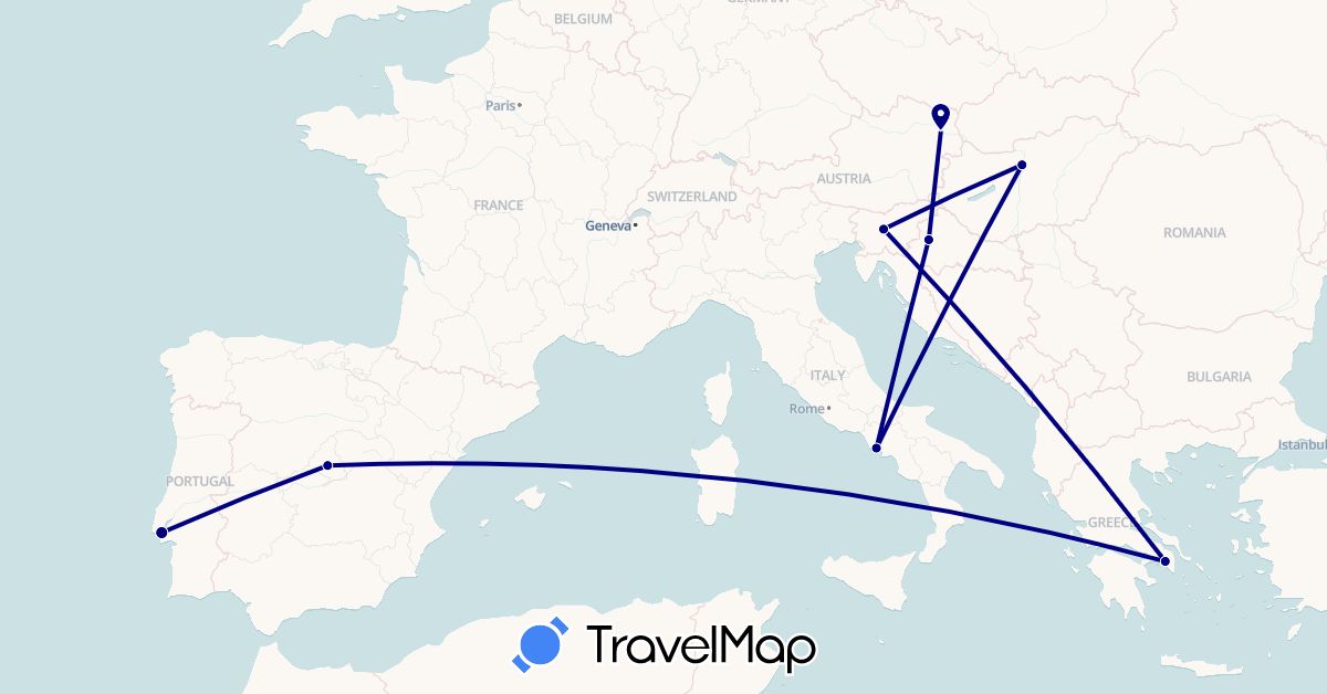 TravelMap itinerary: driving in Austria, Spain, Greece, Croatia, Hungary, Italy, Portugal, Slovenia (Europe)